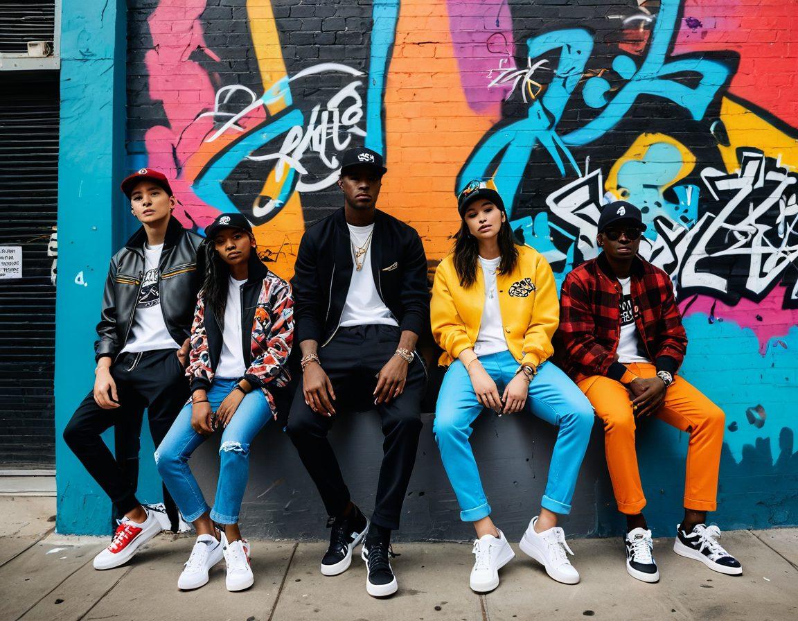 A stylized urban scene featuring a diverse group of individuals dressed in chic, contemporary urban fashion, showcasing vibrant colors and bold patterns. Set against a cityscape background with eye-catching graffiti art, bustling streets, and modern architecture. Include elements of streetwear accessories like caps, sneakers, and layered clothing. Emphasize a sense of camaraderie and style with dynamic poses and expressions. vibrant colors. super-realistic. urban landscape.