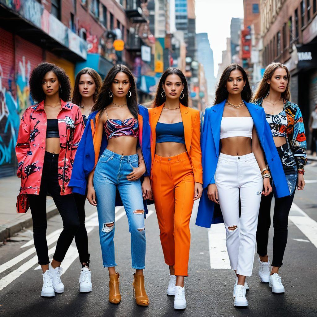 A stylish urban street scene showcasing a blend of high-fashion couture outfits juxtaposed with casual streetwear. Include vibrant colors, a diverse group of models showcasing different styles, and trendy accessories. The background features graffiti art, bustling city life, and modern architecture. Capture a sense of energy and creativity that reflects urban culture. super-realistic. vibrant colors. dynamic composition.